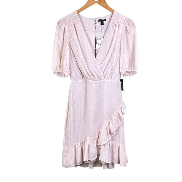 Express NWT Blush Pink Swiss Dot Puff Sleeve Asymmetrical Ruffle Mini Dress - Picture 4 of 12